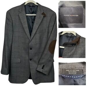Tommy Hilfiger Blazer 42L Grey Wool 2 Button Elbow Patches Tab Collar Sport Coat